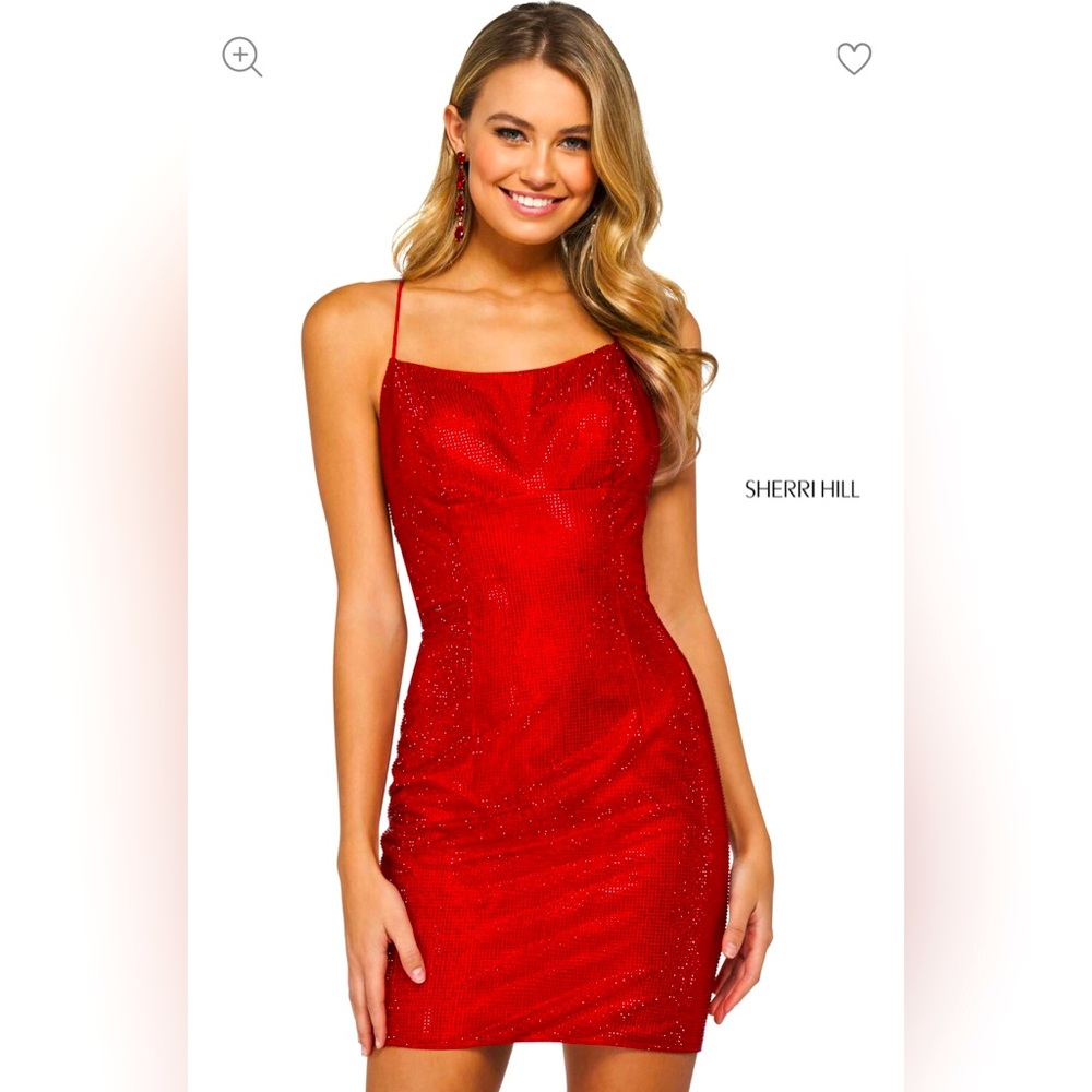 -Sherri Hill- Ruby Red Sparkle Cocktail Dress Style 53536 - Picture 1 of 9